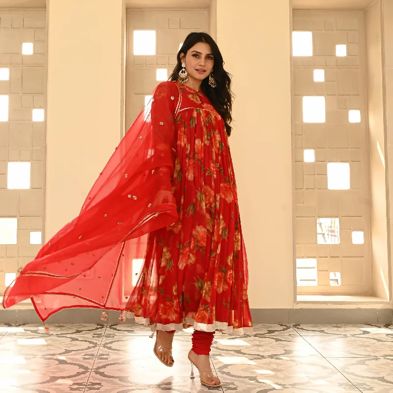 Bunaai Red Floral Chiffon Suit Set