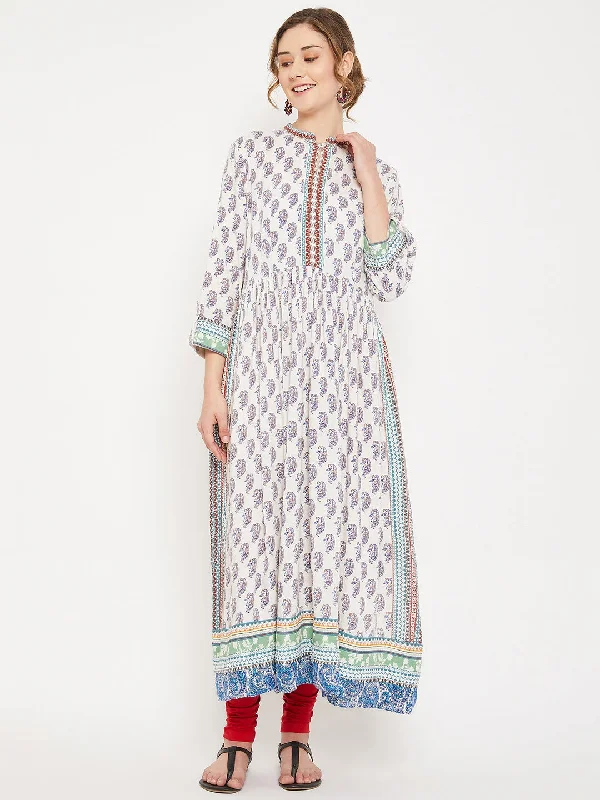 Women's Casual Band Collar White All Over Printed with Border Calf Length Kurti