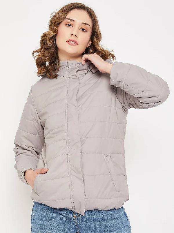 Women's Casual  Light Grey Quilted Detachable quilted Hood Bomber Jacket