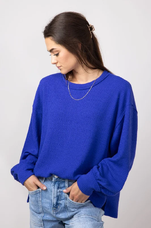 Blu Pepper Crewneck Ribbed Knit Shirt for Women in Cobalt | B2FT1043-COBALT