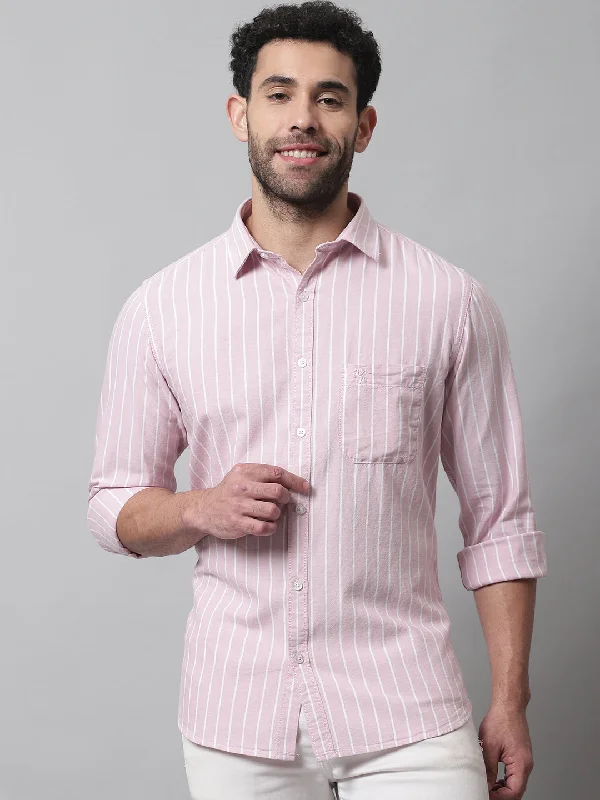 Men's Light Pink Casual Narrow Stripe Full Sleeve Shirt