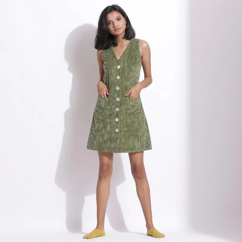 Green Warm Cotton Corduroy Sleeveless Short Dress