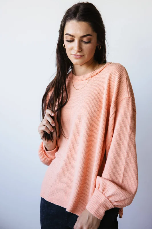 Blu Pepper Crewneck Ribbed Knit Shirt for Women in Peach | B2FT1043-PEACH