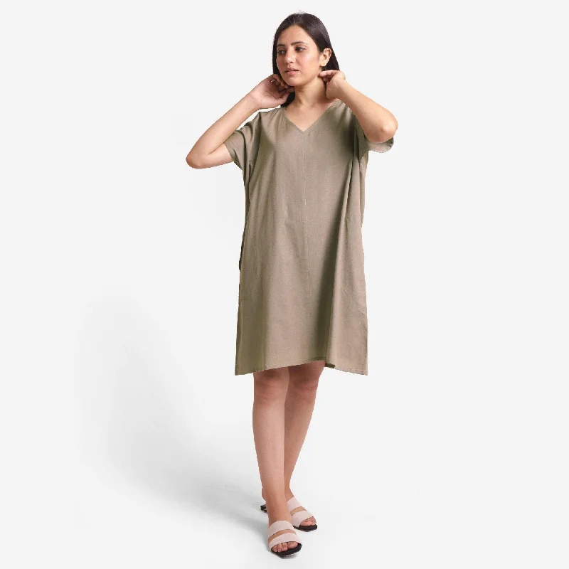 Beige Cotton Flax V-Neck Short Shift Tunic