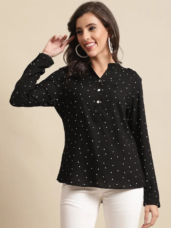 Women's Casual  Black Polka dot Print Mandarin Collar Top