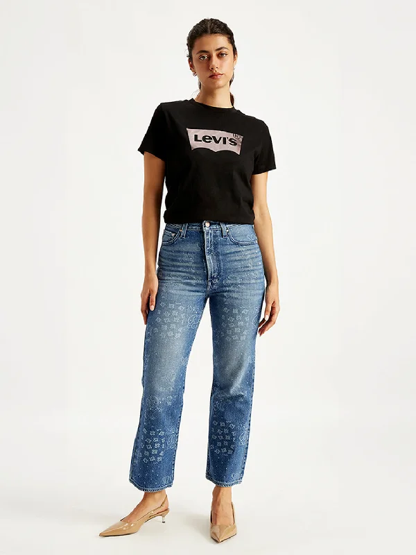 Simple Matching Women's High Rise Ribcage Crop Blue Bootcut Jeans