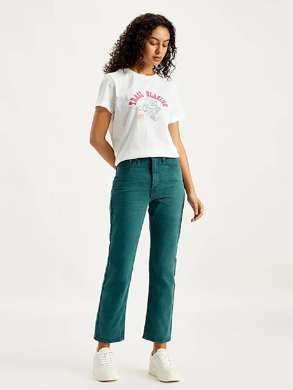 Celebrity Style Women's Mid Rise Wedgie Straight Fit Teal Jeans