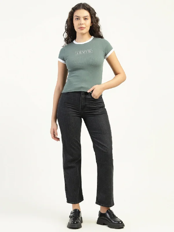 Simple Style Women's High Rise Ribcage Slim Straight Fit Black Jeans