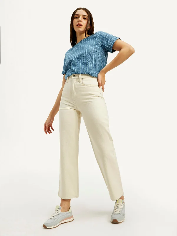 Casual Style Women's High Rise Straight Fit Cream Jeans