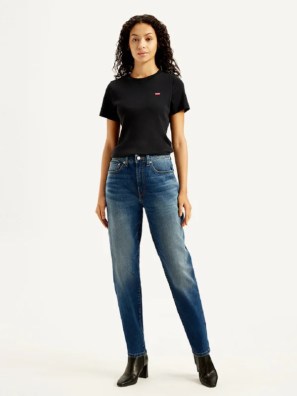 European And American Style Women's High Rise Straight Fit Blue Jeans