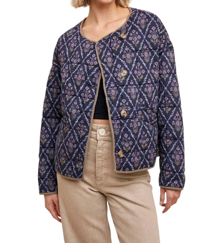 Noble And Elegant Printed Quilt Jacket In Midnight Floral