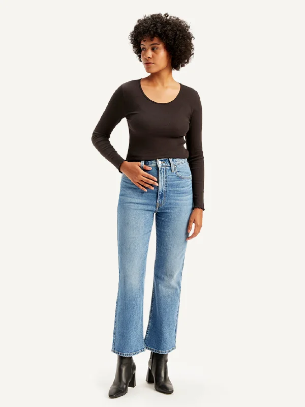Designer Style Women's High Rise Ribcage Crop Bootcut Blue Jeans