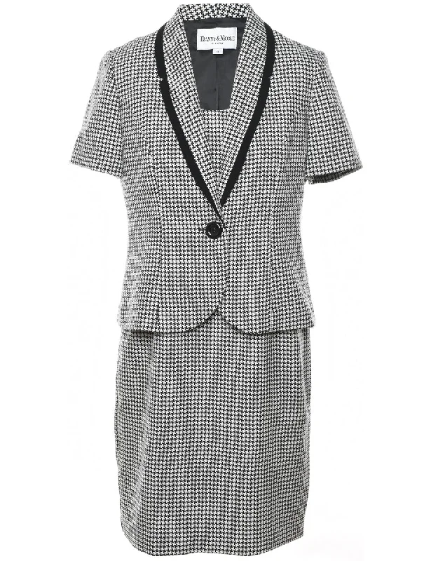 Black & White Patterned Skirt & Blazer Black Contrast Trim Set - M