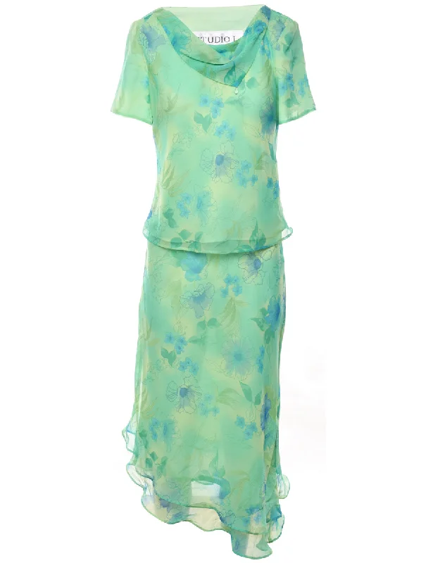 Floral Light Green Cowl Neck & Asymmetric Hem Top & Skirt Set - L