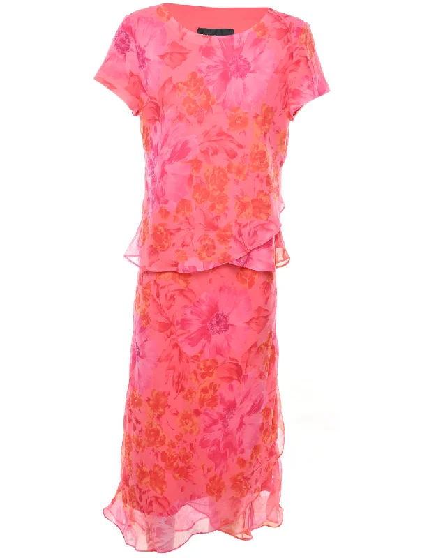 Floral Print Orange & Pink Patterned Top & Skirt Set - L