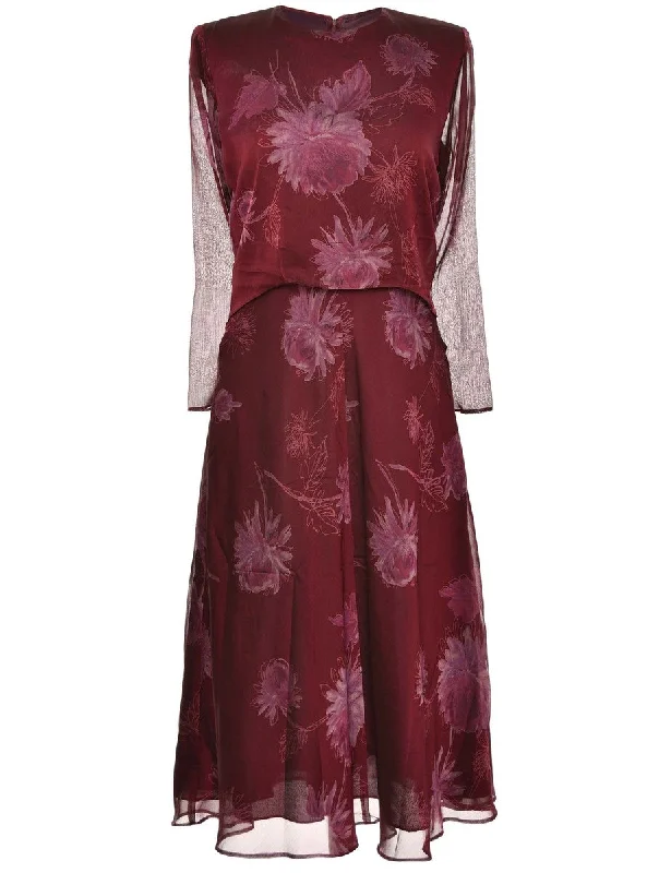 Floral Print Sheer Sleeved Maroon Dress - M