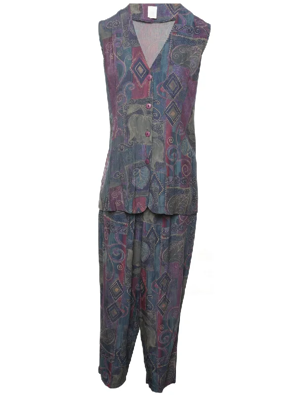 Patterned 1990s Multi-Colour Top & Trouser Set - M