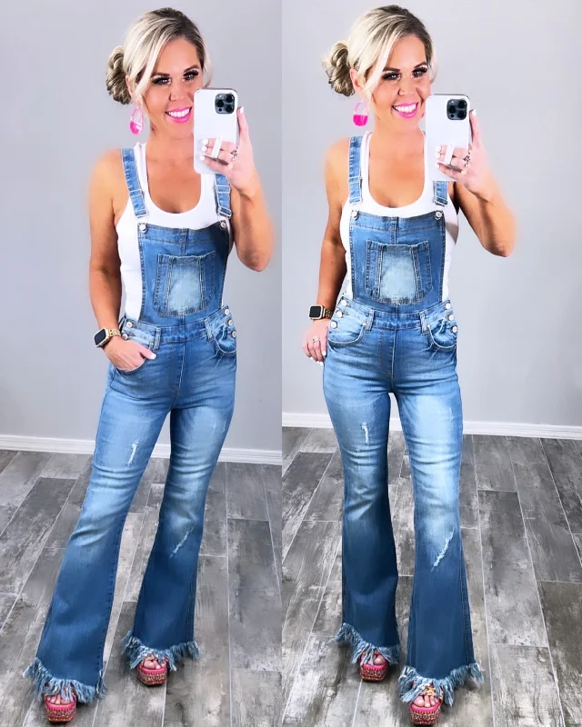 Fringe Bottom Light Wash Overalls