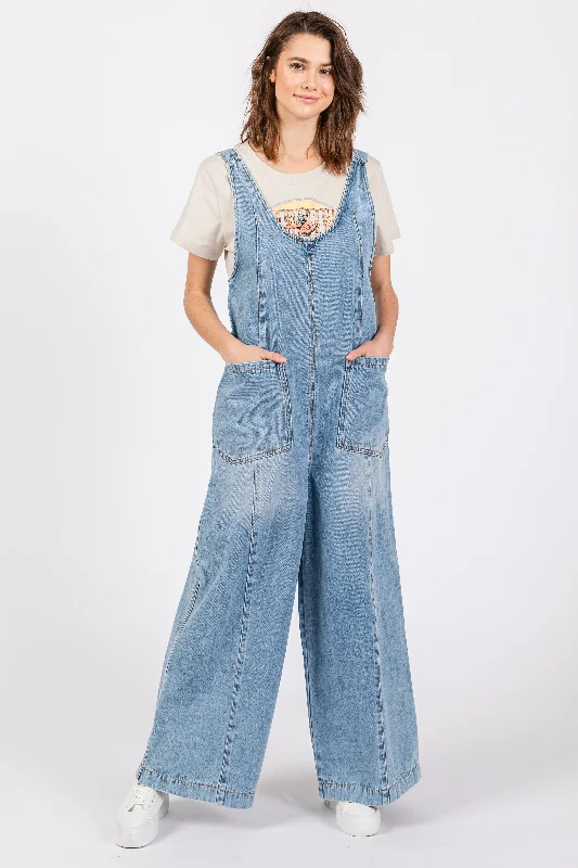 Blue Round Neck Wide Leg Overalls