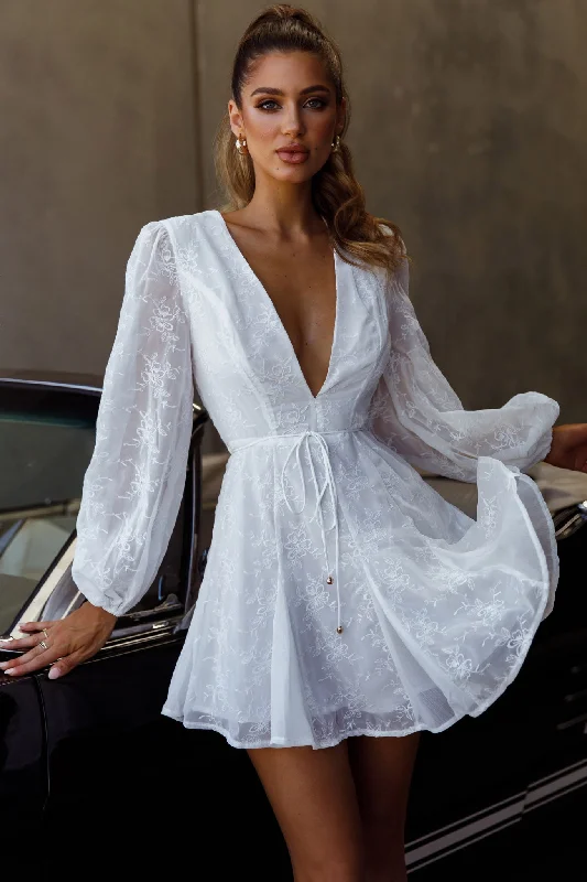 Estelle Long Sleeve V-Neckline Dress Embroidered White