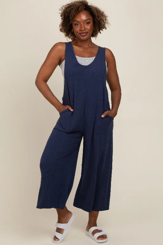 Navy Blue V-Neck Wide Leg Jumpsuit