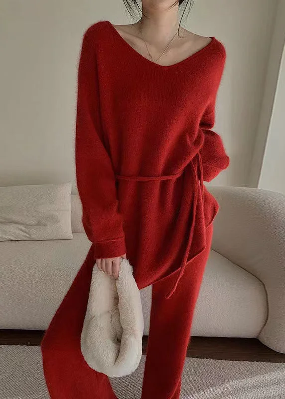 Fashion Red Sweaters And Pants Knit 2 Piece Outfit Fall