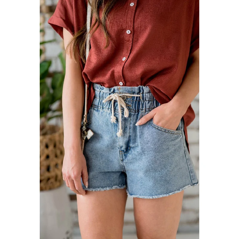 Frayed Bottom Tie Denim Shorts