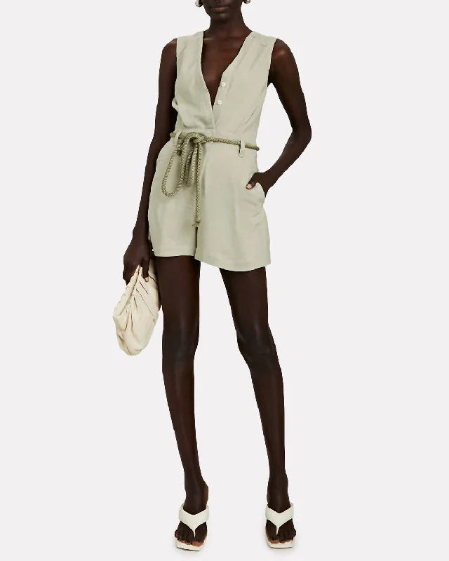 Guomez V-Neck Belted Romper In Beige