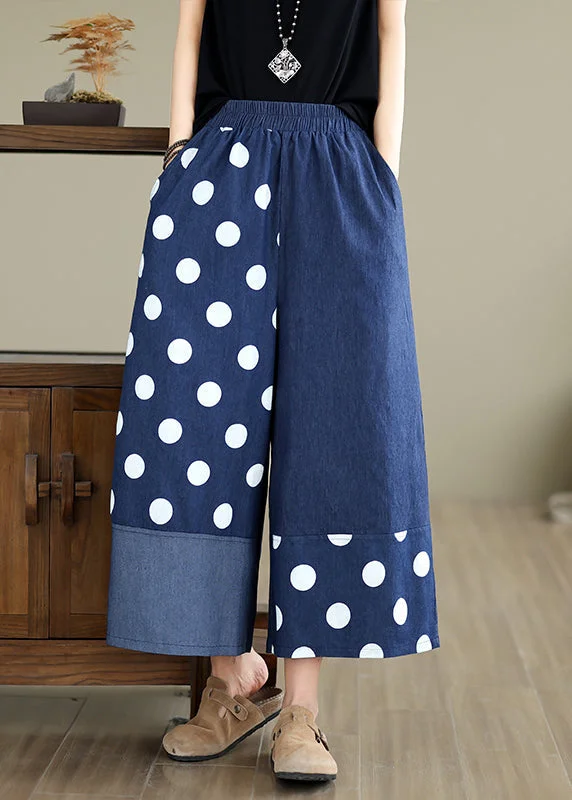 Women Blue Asymmetrical Patchwork Dot Print Pockets Wide Leg Pants Summer